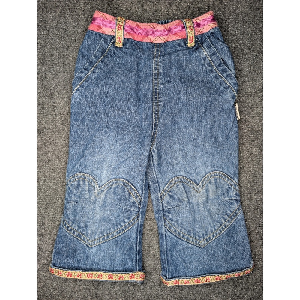 OshKosh Girls Size 12 Months Denim‎ Heart Knee Ribbon Pants Pink